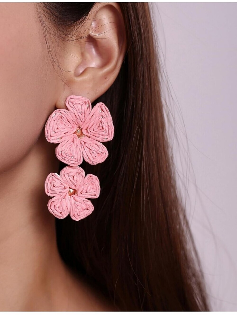 Pink Double Flower Drop Earrings